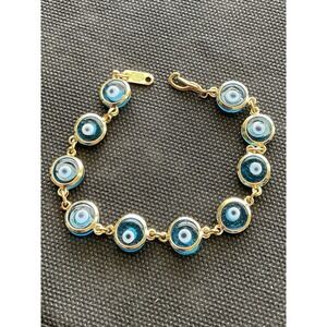 Gold Tone Blue Evil Eye Bracelet Signed Marked Estate Jewelry